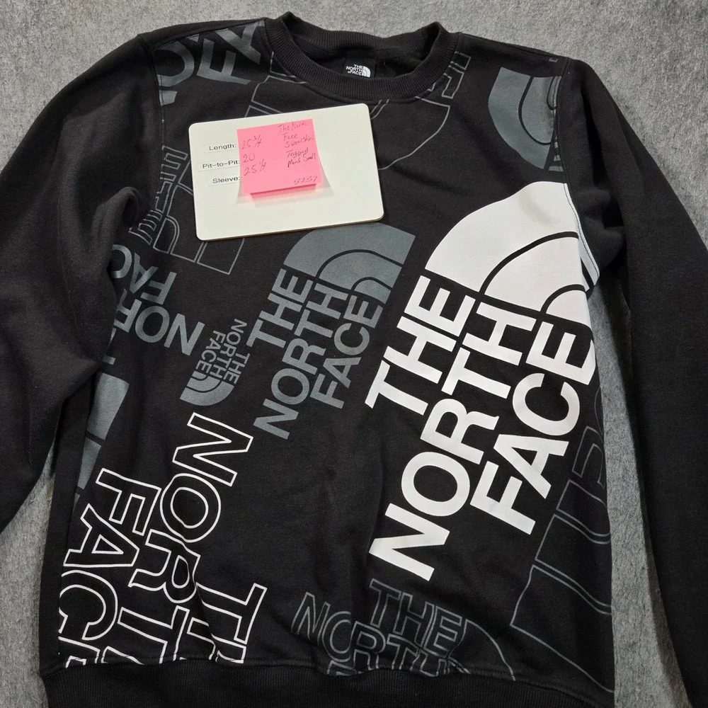 The North Face Sweatshirt Mens Small Black All Over Multi Logo Graphic Crewneck